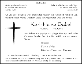 Anzeige von Karl-Heinz Babel von  Lokalanzeiger 