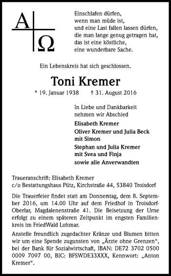 Anzeige von Anton Kremer von Kölner Stadt-Anzeiger / Kölnische Rundschau / Express