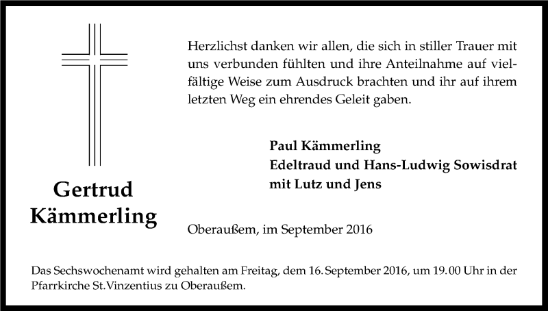  Traueranzeige für Gertrud Kämmerling vom 12.09.2016 aus Kölner Stadt-Anzeiger / Kölnische Rundschau / Express