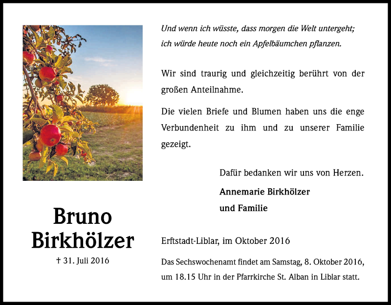  Traueranzeige für Bruno Birkhölzer vom 01.10.2016 aus Kölner Stadt-Anzeiger / Kölnische Rundschau / Express