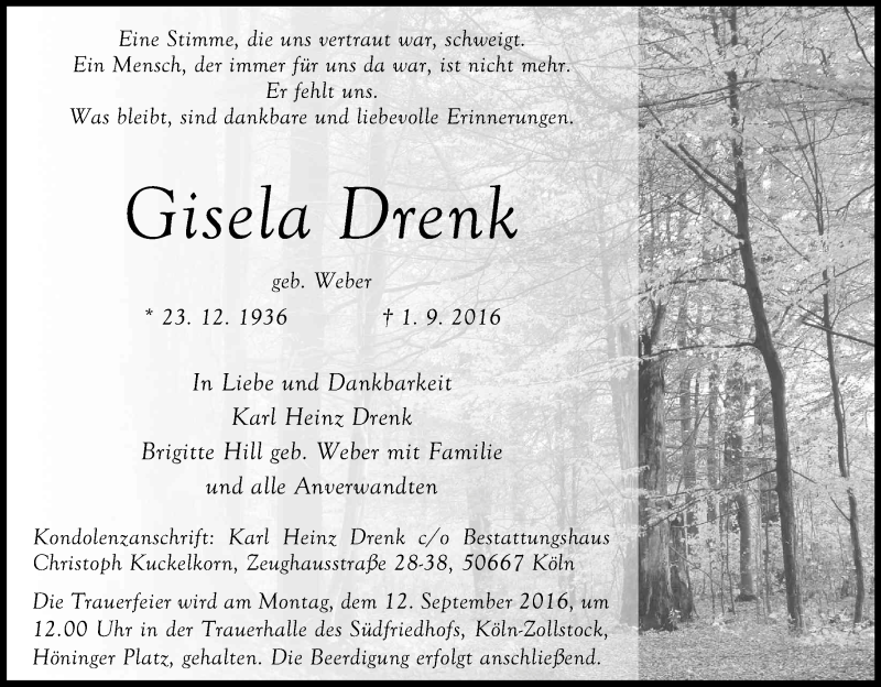  Traueranzeige für Gisela Drenk vom 07.09.2016 aus Kölner Stadt-Anzeiger / Kölnische Rundschau / Express
