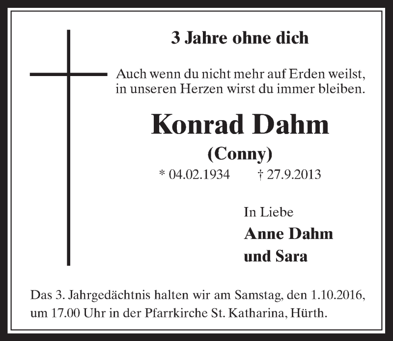  Traueranzeige für Konrad Dahm vom 28.09.2016 aus  Wochenende 