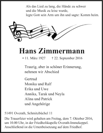 Anzeige von Hans Zimmermann von Kölner Stadt-Anzeiger / Kölnische Rundschau / Express