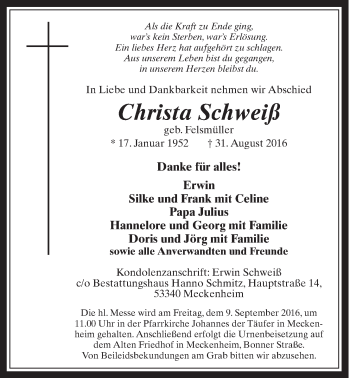 Anzeige von Christa Schweiß von  Schaufenster/Blickpunkt 
