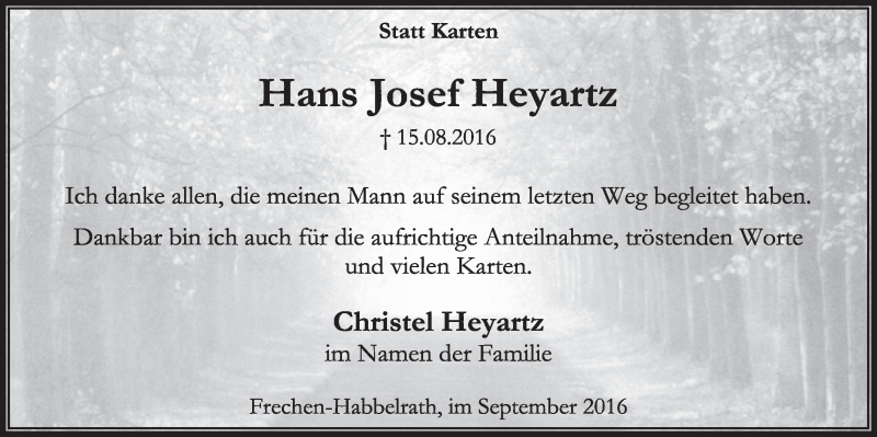  Traueranzeige für Hans Josef Heyartz vom 03.09.2016 aus  Sonntags-Post 