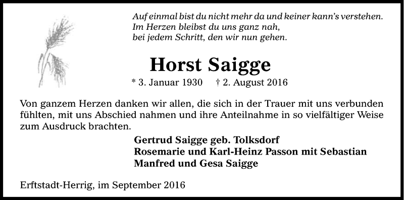  Traueranzeige für Horst Saigge vom 03.09.2016 aus Kölner Stadt-Anzeiger / Kölnische Rundschau / Express