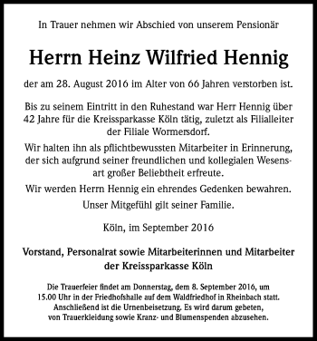 Anzeige von Heinz Wilfried Hennig von Kölner Stadt-Anzeiger / Kölnische Rundschau / Express