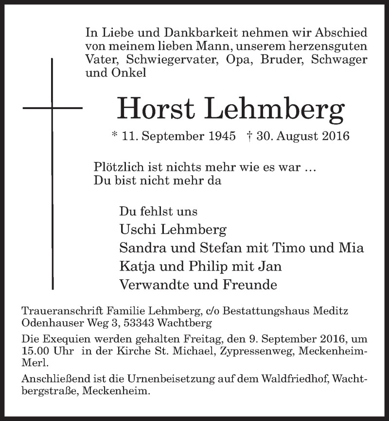  Traueranzeige für Horst Lehmberg vom 07.09.2016 aus  Schaufenster/Blickpunkt 