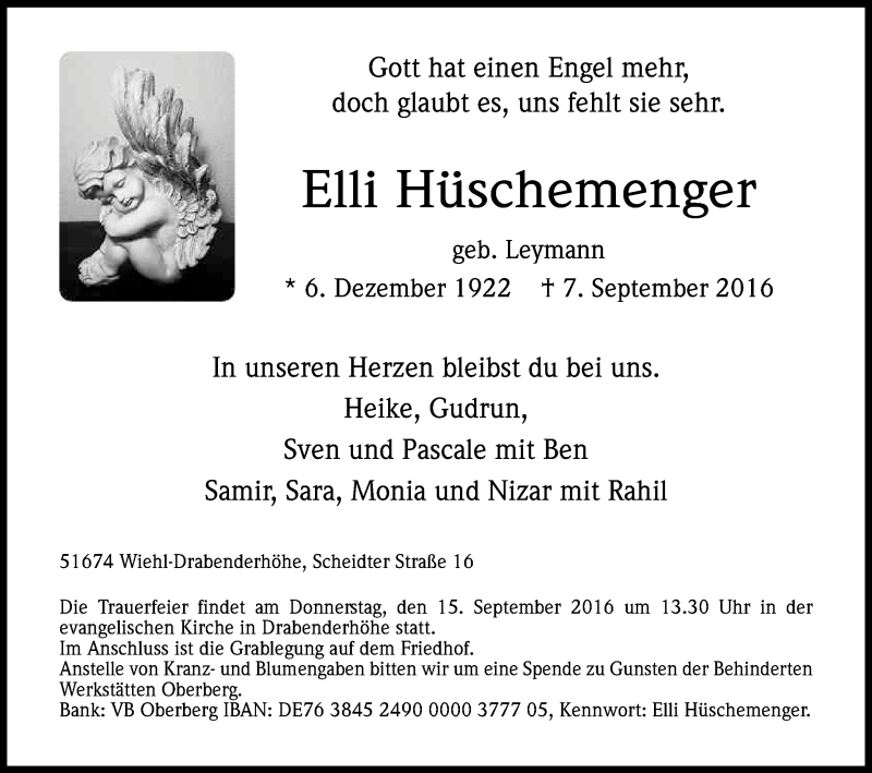  Traueranzeige für Elli Hüschemenger vom 10.09.2016 aus Kölner Stadt-Anzeiger / Kölnische Rundschau / Express