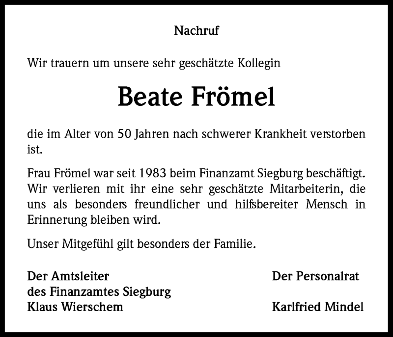  Traueranzeige für Beate Frömel vom 30.09.2016 aus Kölner Stadt-Anzeiger / Kölnische Rundschau / Express