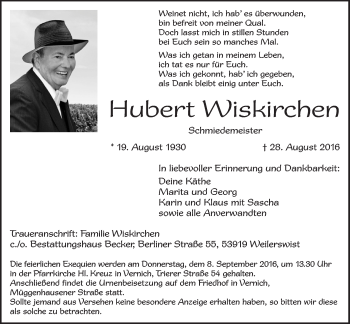 Anzeige von Hubert Wiskirchen von  Blickpunkt Euskirchen 