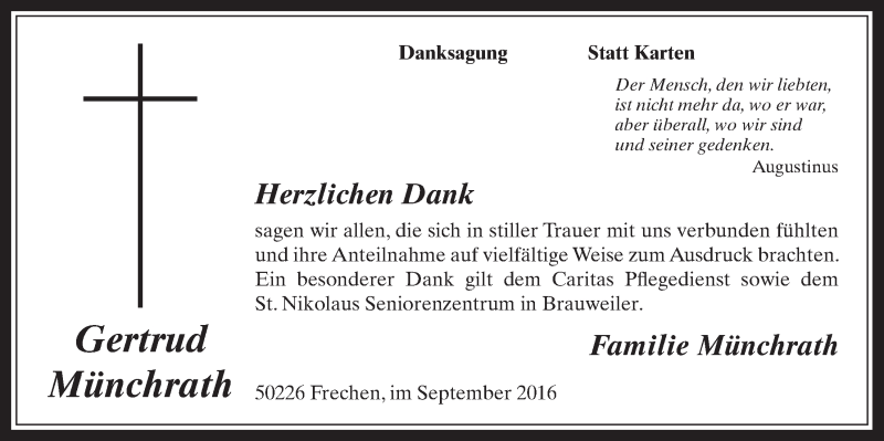  Traueranzeige für Gertrud Münchrath vom 28.09.2016 aus  Wochenende 