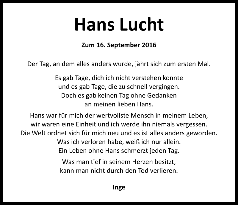  Traueranzeige für Hans Lucht vom 17.09.2016 aus Kölner Stadt-Anzeiger / Kölnische Rundschau / Express