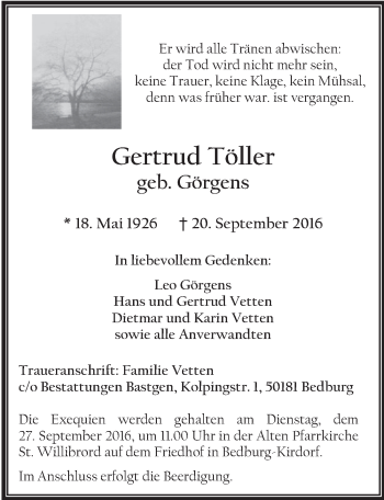 Anzeige von Gertrud Töller von  Sonntags-Post 