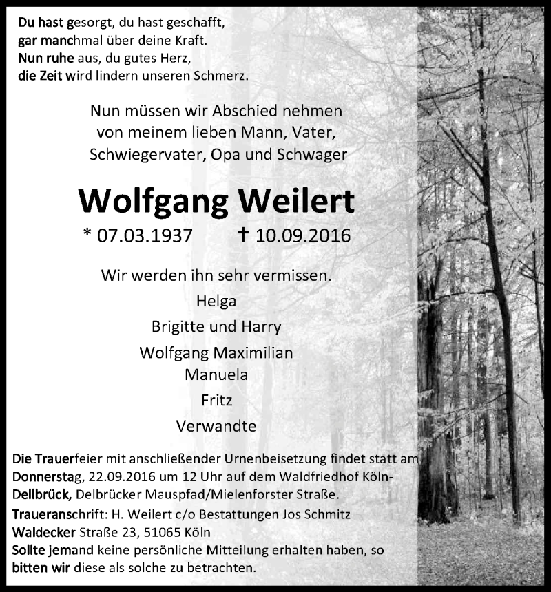  Traueranzeige für Wolfgang Weilert vom 17.09.2016 aus Kölner Stadt-Anzeiger / Kölnische Rundschau / Express