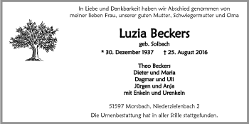 Anzeige von Luzia Beckers von  Lokalanzeiger 