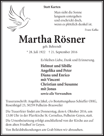 Anzeige von Martha Rösner von  Sonntags-Post 