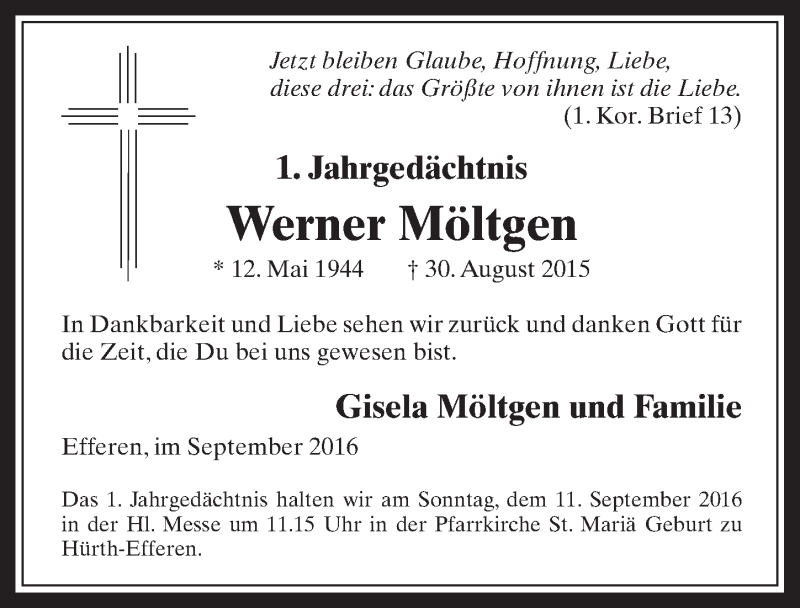  Traueranzeige für Werner Möltgen vom 07.09.2016 aus  Wochenende 