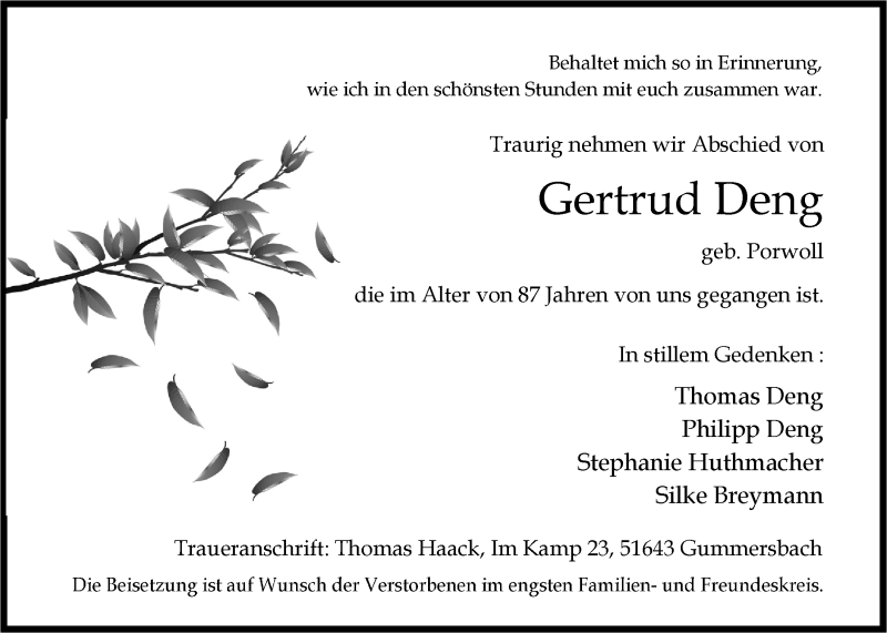  Traueranzeige für Gertrud Deng vom 14.09.2016 aus  Anzeigen Echo 