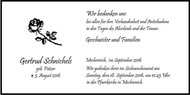  Traueranzeige für Gertrud Schnichels vom 10.09.2016 aus  Blickpunkt Euskirchen 