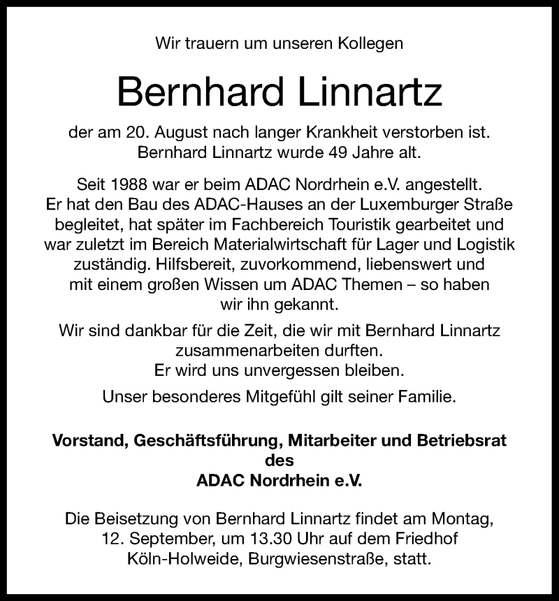  Traueranzeige für Bernhard Linnartz vom 10.09.2016 aus Kölner Stadt-Anzeiger / Kölnische Rundschau / Express