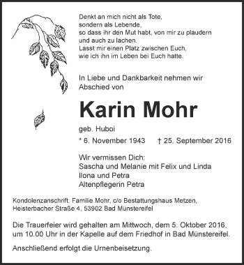 Anzeige von Karin Mohr von  Blickpunkt Euskirchen 