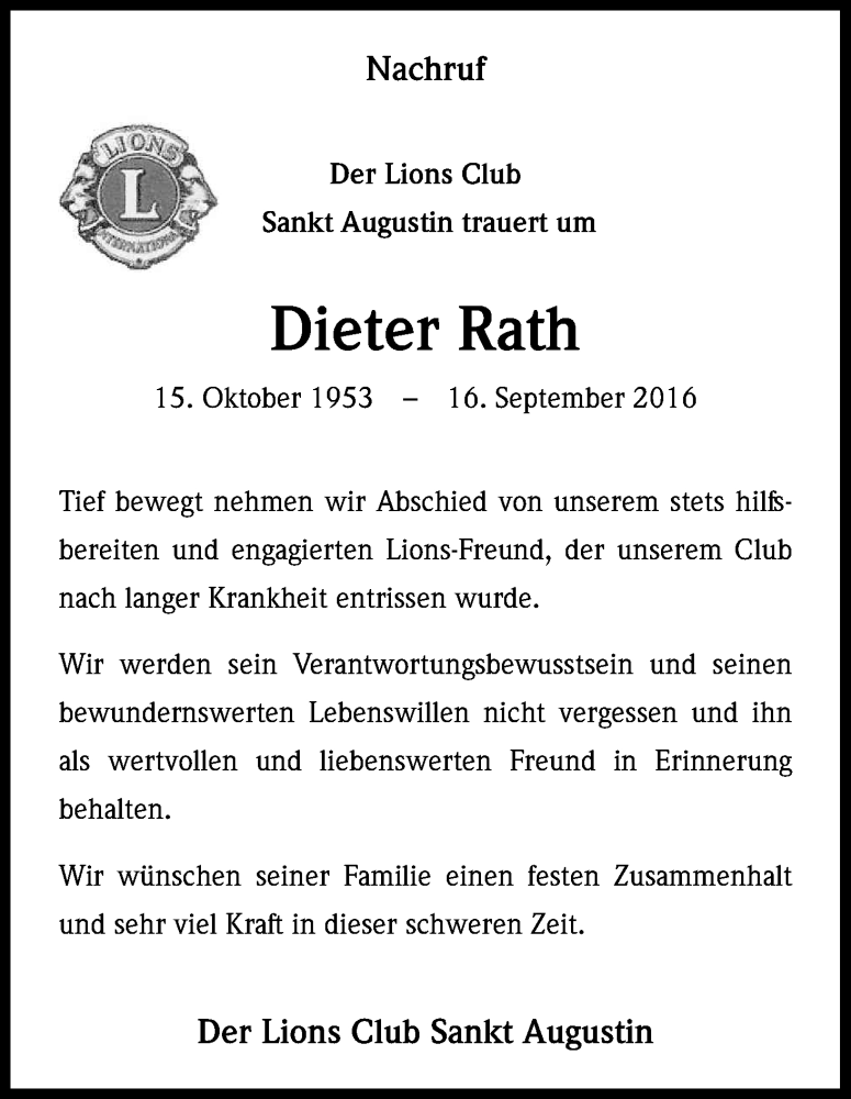  Traueranzeige für Dieter Rath vom 24.09.2016 aus Kölner Stadt-Anzeiger / Kölnische Rundschau / Express