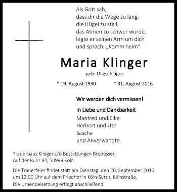 Anzeige von Maria Klinger von  Kölner Wochenspiegel 
