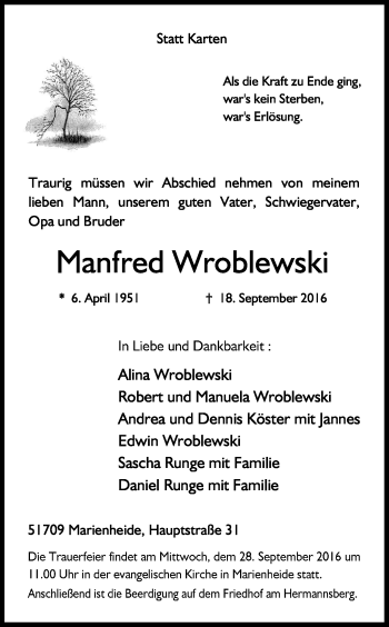 Anzeige von Manfred Wroblewski von Kölner Stadt-Anzeiger / Kölnische Rundschau / Express