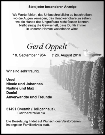 Anzeige von Gerd Oppelt von Kölner Stadt-Anzeiger / Kölnische Rundschau / Express