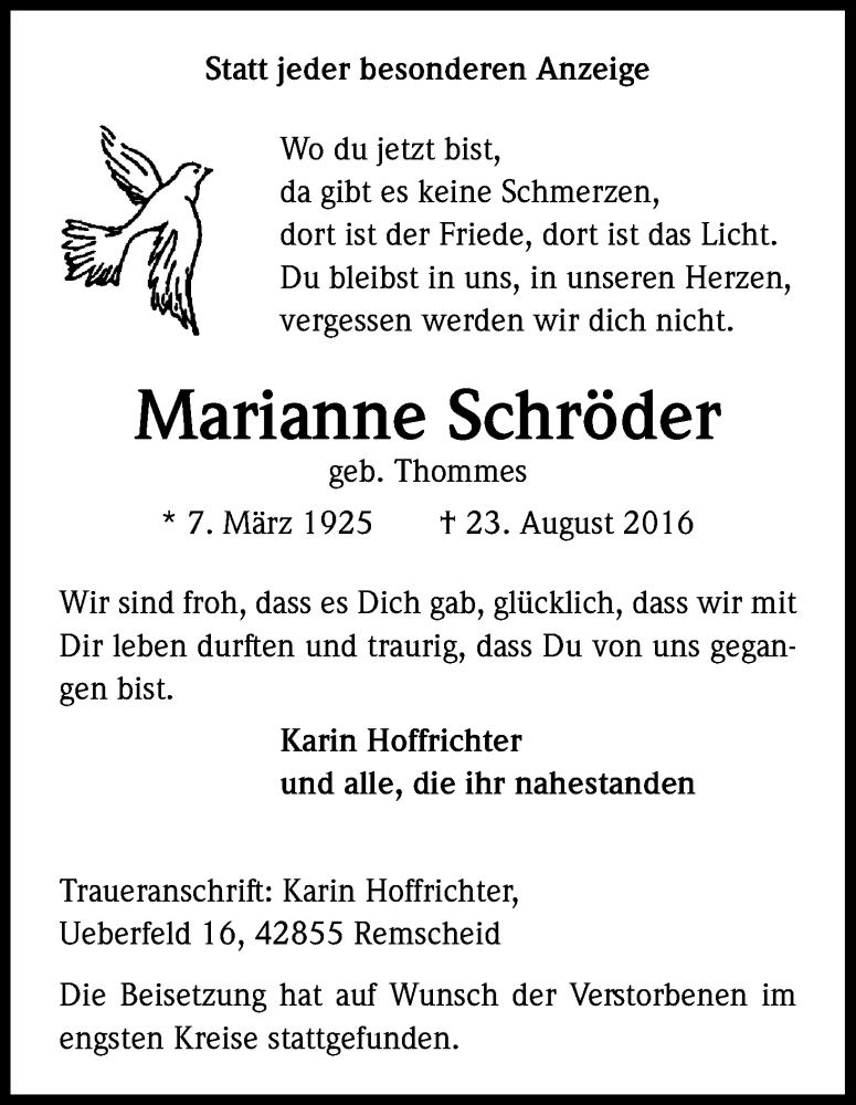  Traueranzeige für Marianne Schröder vom 17.09.2016 aus Kölner Stadt-Anzeiger / Kölnische Rundschau / Express