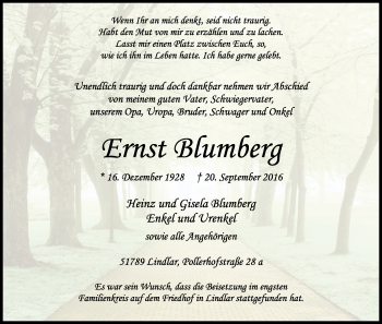 Anzeige von Ernst Blumberg von Kölner Stadt-Anzeiger / Kölnische Rundschau / Express