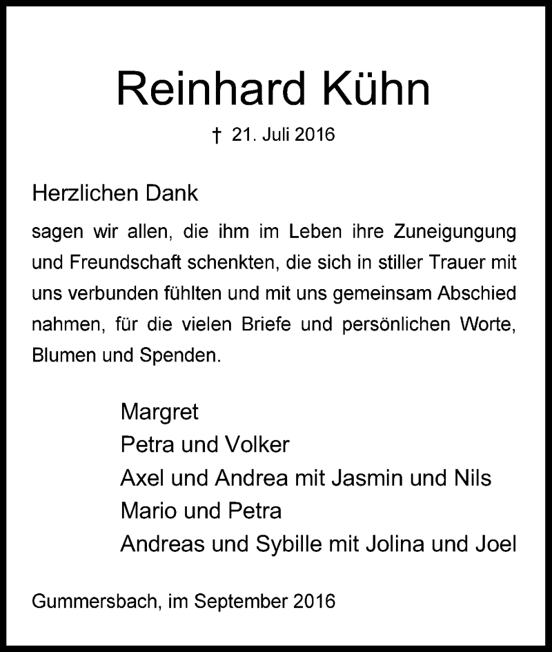  Traueranzeige für Reinhard Kühn vom 03.09.2016 aus Kölner Stadt-Anzeiger / Kölnische Rundschau / Express