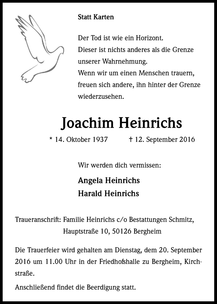  Traueranzeige für Joachim Heinrichs vom 17.09.2016 aus Kölner Stadt-Anzeiger / Kölnische Rundschau / Express
