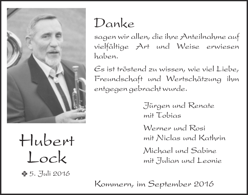  Traueranzeige für Hubert Lock vom 10.09.2016 aus  Blickpunkt Euskirchen 