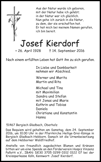 Anzeige von Josef Kierdorf von Kölner Stadt-Anzeiger / Kölnische Rundschau / Express