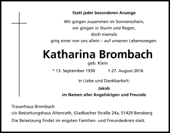 Anzeige von Katharina Brombach von Kölner Stadt-Anzeiger / Kölnische Rundschau / Express
