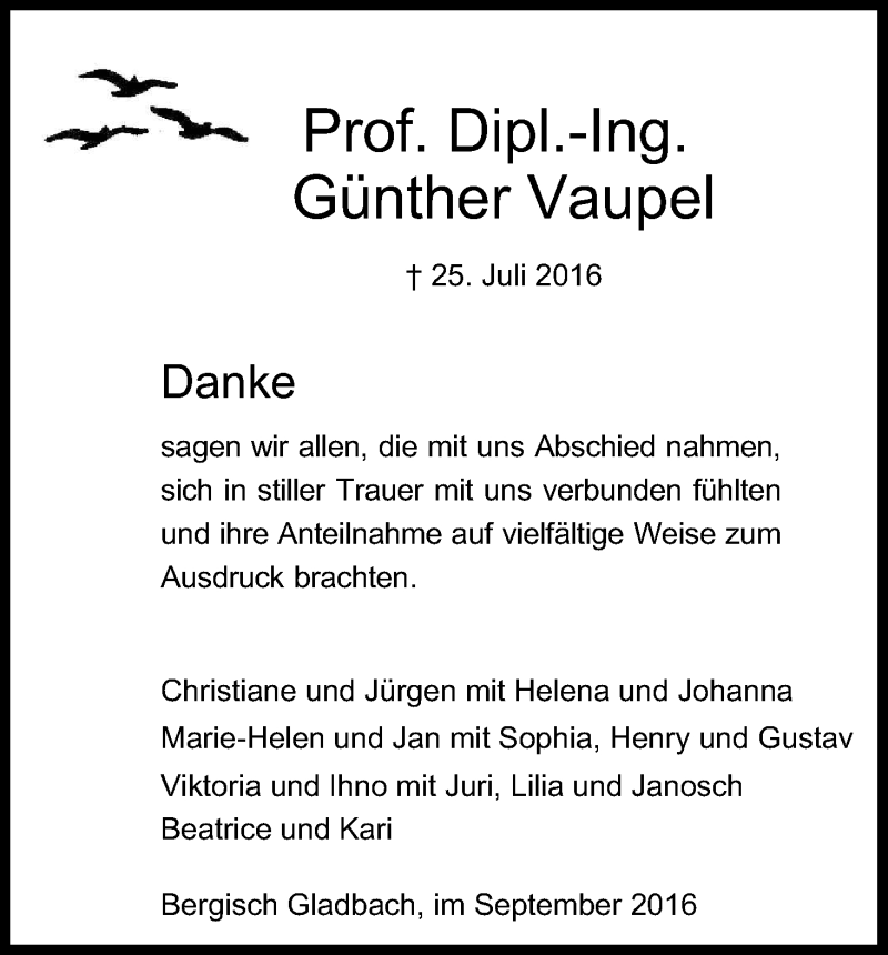  Traueranzeige für Günther Vaupel vom 24.09.2016 aus Kölner Stadt-Anzeiger / Kölnische Rundschau / Express