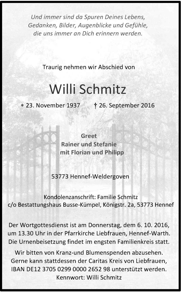  Traueranzeige für Willi Schmitz vom 01.10.2016 aus Kölner Stadt-Anzeiger / Kölnische Rundschau / Express