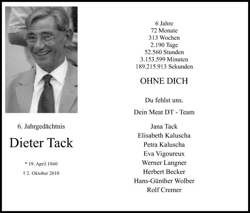  Traueranzeige für Dieter Tack vom 01.10.2016 aus Kölner Stadt-Anzeiger / Kölnische Rundschau / Express