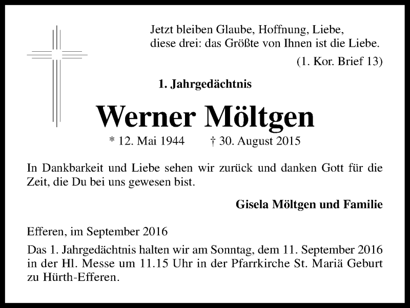  Traueranzeige für Werner Möltgen vom 03.09.2016 aus Kölner Stadt-Anzeiger / Kölnische Rundschau / Express