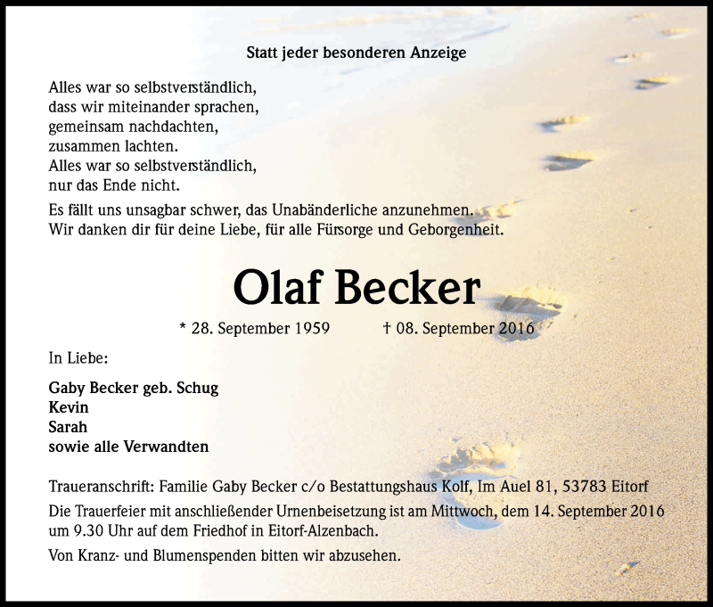  Traueranzeige für Olaf Becker vom 10.09.2016 aus Kölner Stadt-Anzeiger / Kölnische Rundschau / Express