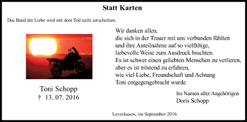 Anzeige von Toni Schopp von Kölner Stadt-Anzeiger / Kölnische Rundschau / Express