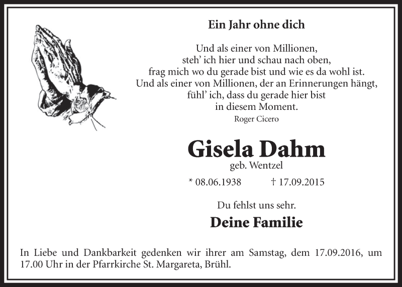  Traueranzeige für Gisela Dahm vom 14.09.2016 aus  Schlossbote/Werbekurier 
