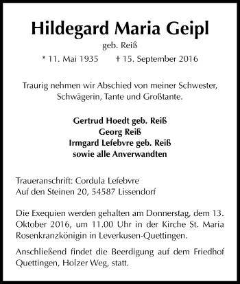 Anzeige von Hildegard Maria Geipl von Kölner Stadt-Anzeiger / Kölnische Rundschau / Express