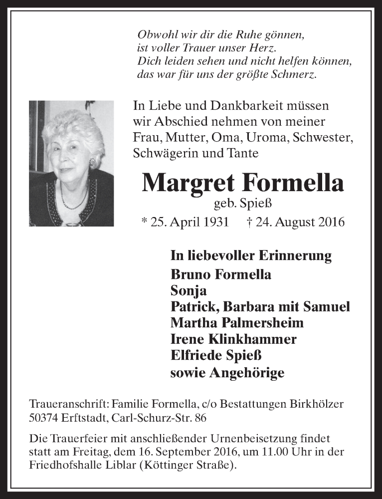  Traueranzeige für Margret Formella vom 14.09.2016 aus  Werbepost 