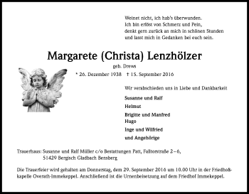 Anzeige von Margarete Lenzhölzer von Kölner Stadt-Anzeiger / Kölnische Rundschau / Express