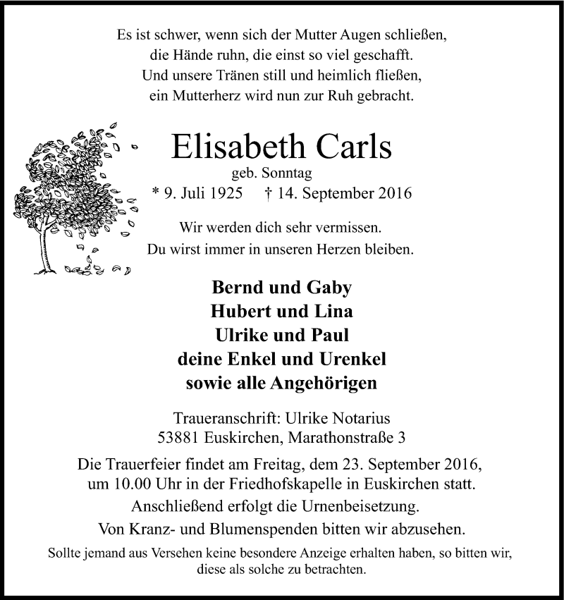  Traueranzeige für Elisabeth Carls vom 19.09.2016 aus Kölner Stadt-Anzeiger / Kölnische Rundschau / Express