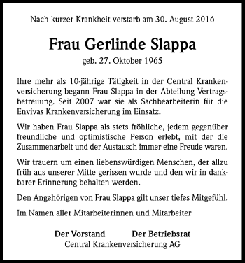 Anzeige von Gerlinde Slappa von Kölner Stadt-Anzeiger / Kölnische Rundschau / Express