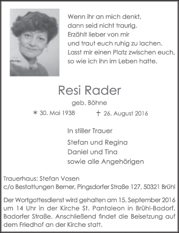 Anzeige von Resi Rader von  Schlossbote/Werbekurier 